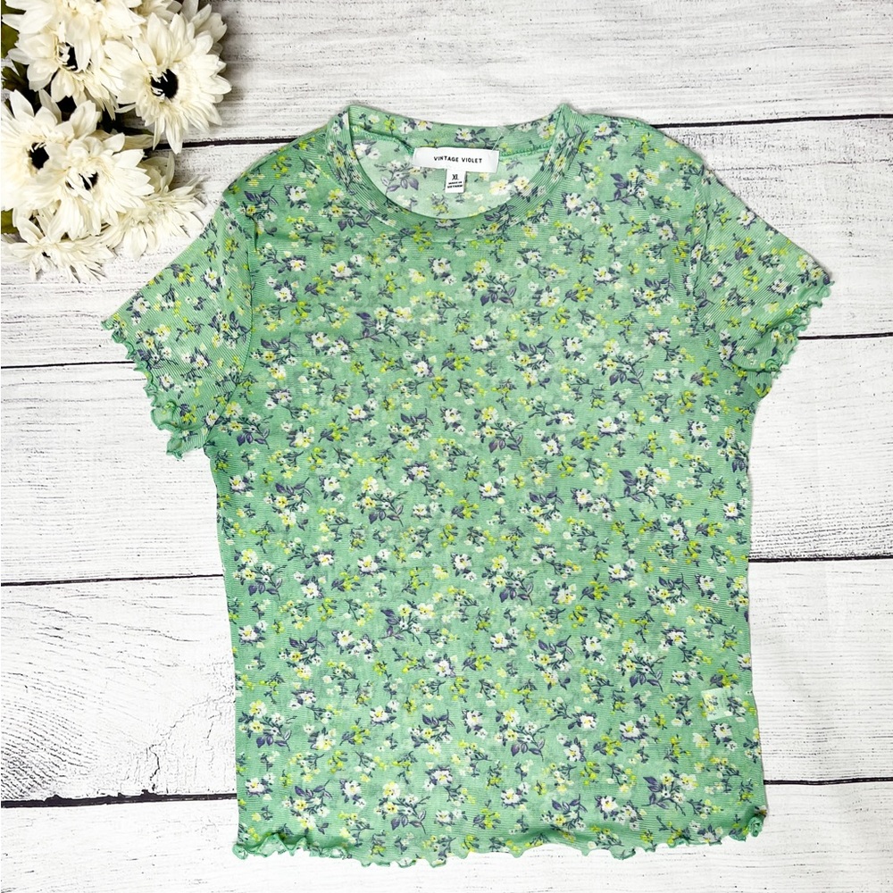 Vintage Violet Sheer Green Floral Crop Top Size XL